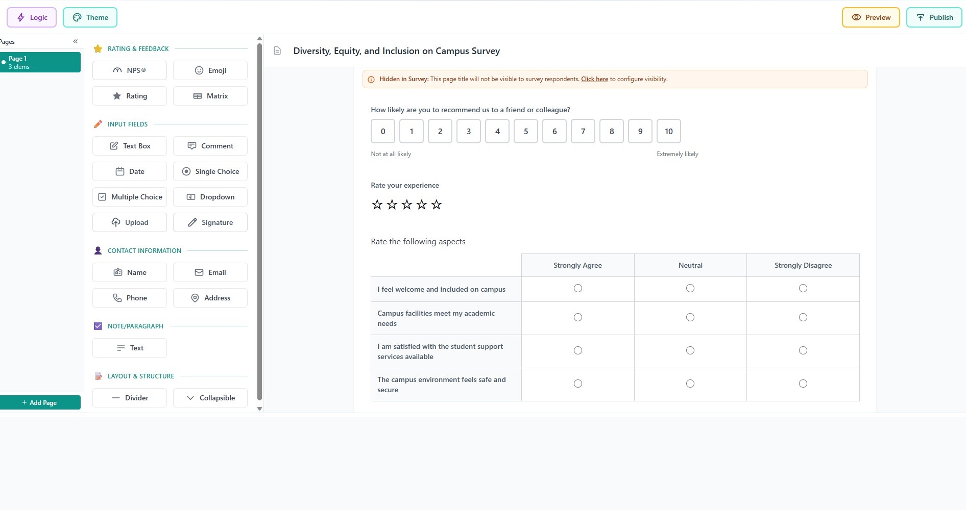 VividSurvey edit page showing the drag-and-drop survey builder interface