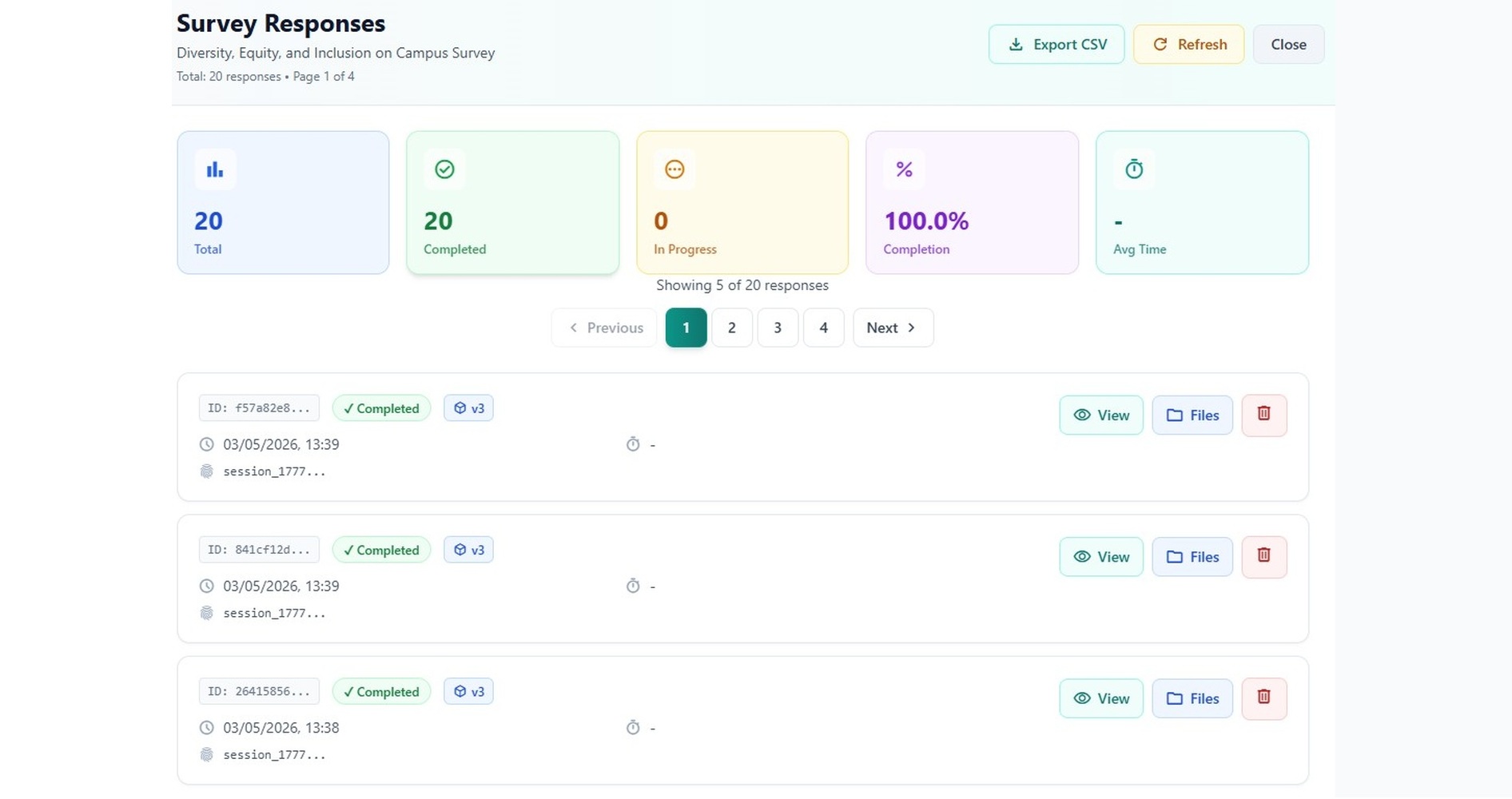 VividSurvey survey response view showing individual respondent answers