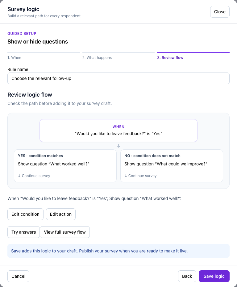 Review the matching and alternative paths before choosing Save logic.