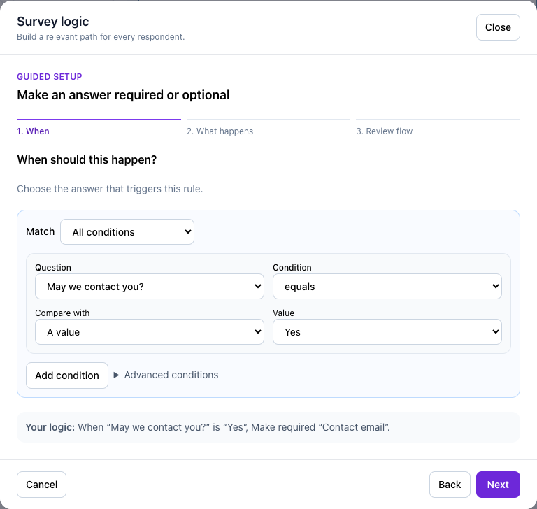 Configure the condition that triggers required and optional answers.