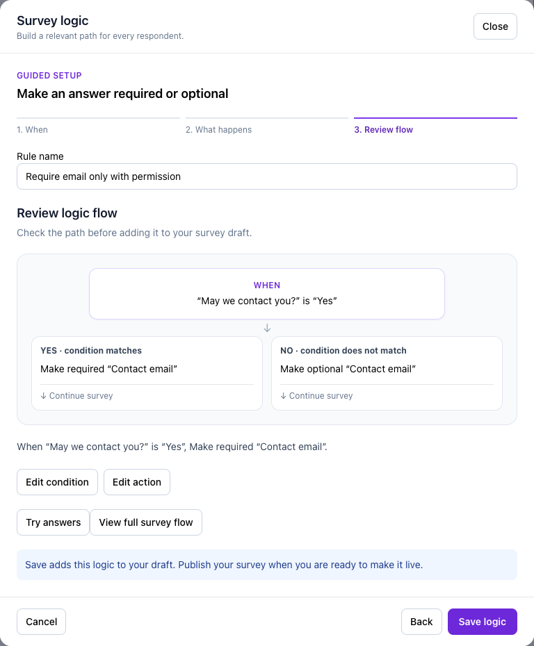 The final flow review for required and optional answers, before Save logic.