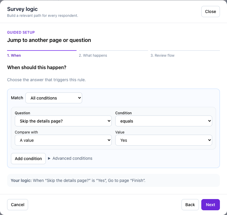 Configure the condition that triggers jump to a page.