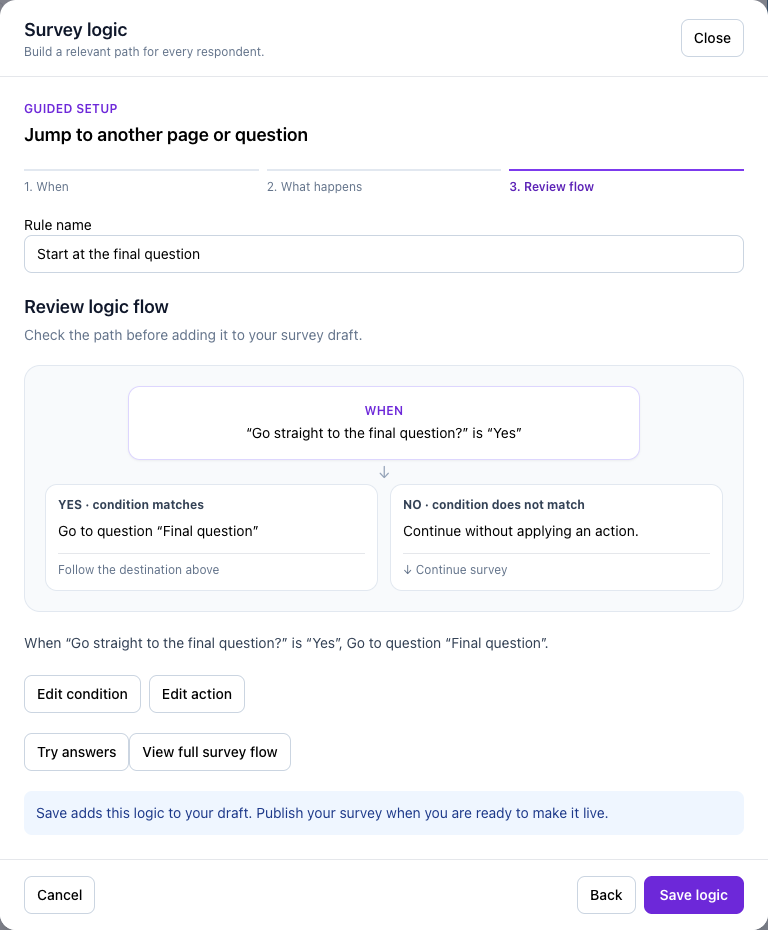The final flow review for jump to a question, before Save logic.