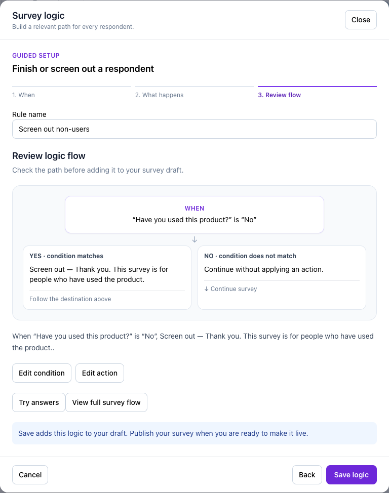 The final flow review for screening ending, before Save logic.