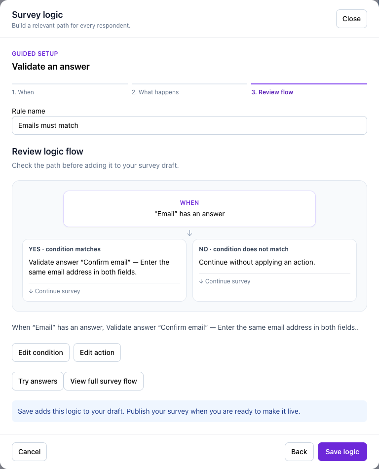 The final flow review for cross-field validation, before Save logic.