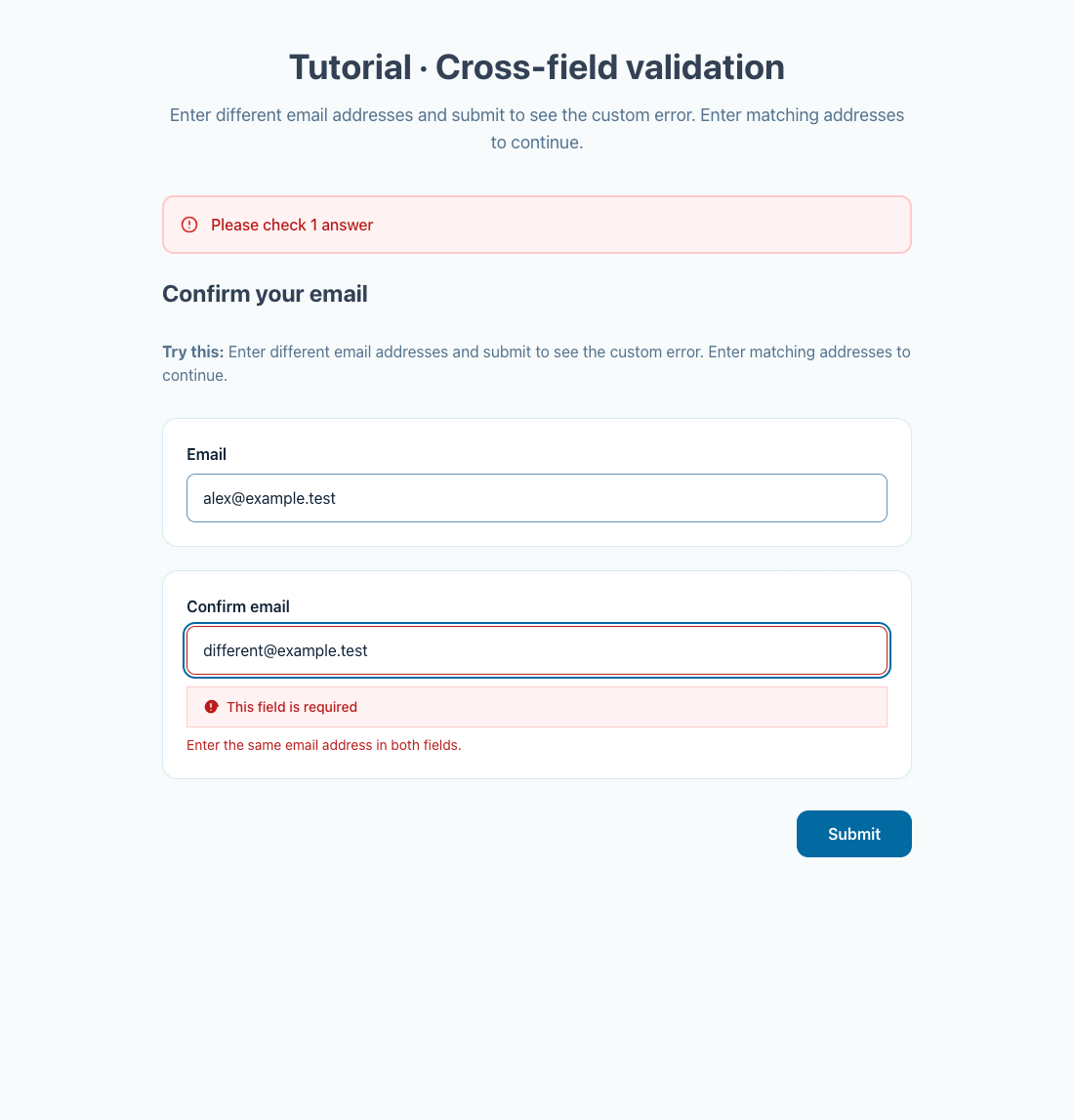 Different email addresses show the custom confirmation error.
