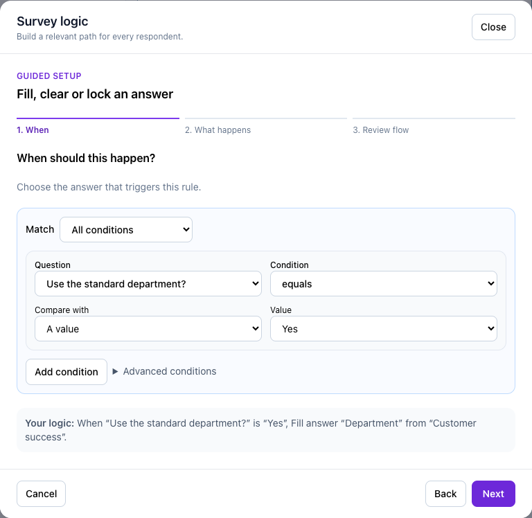 Configure the condition that triggers prefill and calculated answers.