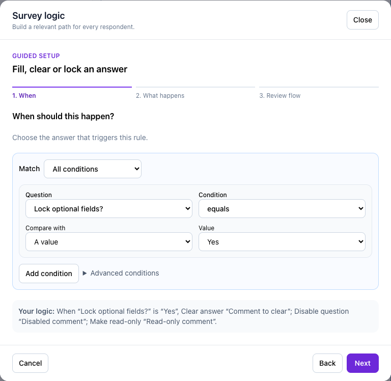 Configure the condition that triggers clear, disable and read-only.