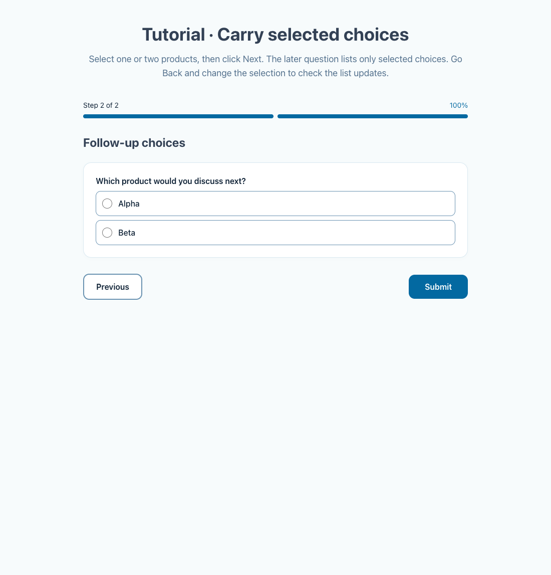 Selecting Alpha and Beta offers only those products in the follow-up.