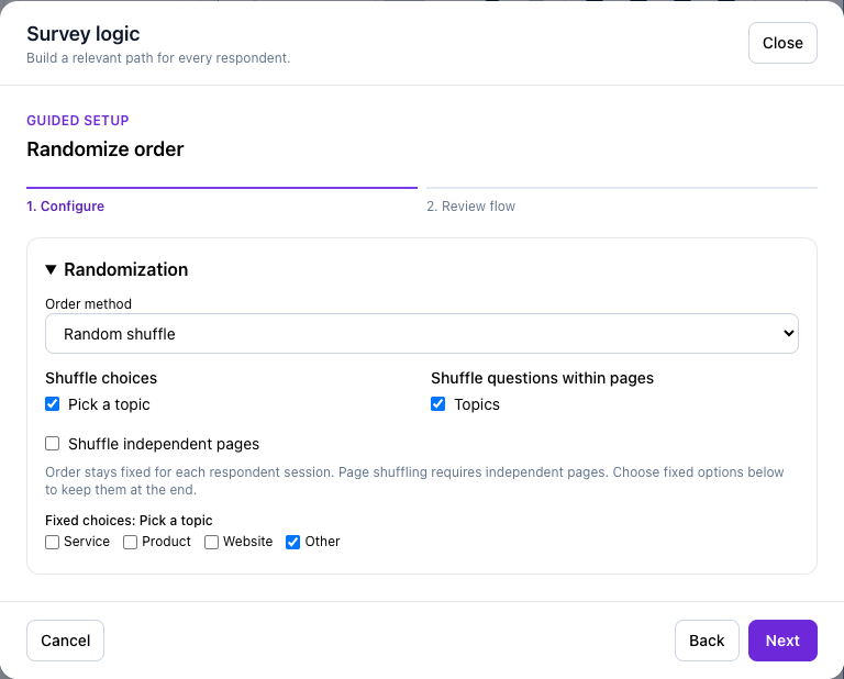 Configure randomized order and fixed choices using the values in this tutorial.