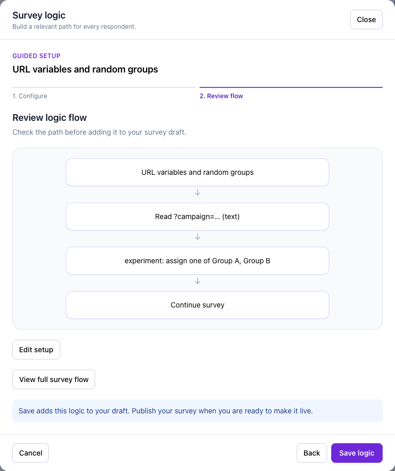 The final flow review for url variables and random groups, before Save logic.