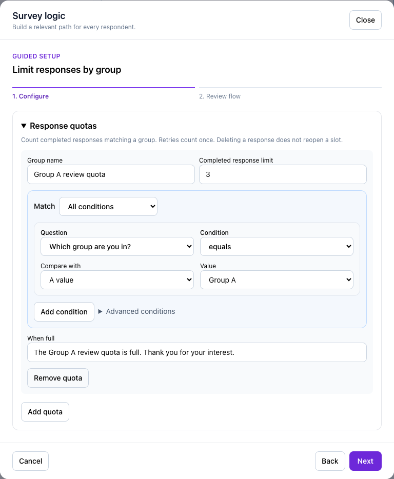 Configure response quota using the values in this tutorial.