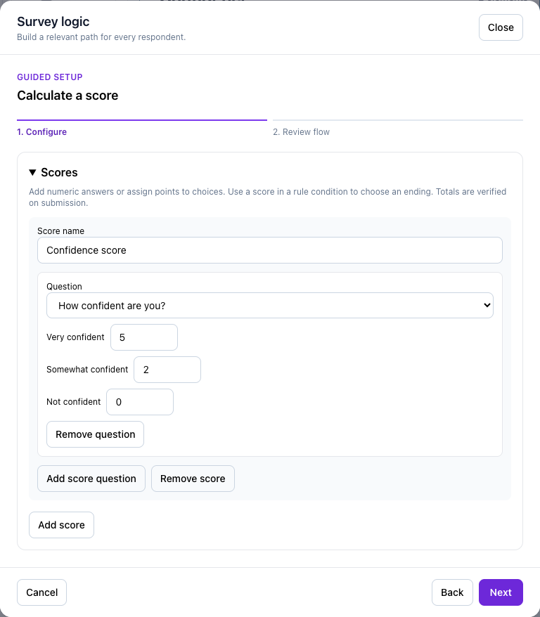 Assign the confidence choices 5, 2 and 0 points before creating the ending rule.