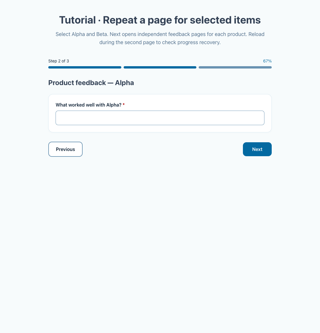 The first repeated page is labelled Alpha; Beta has its own later iteration.