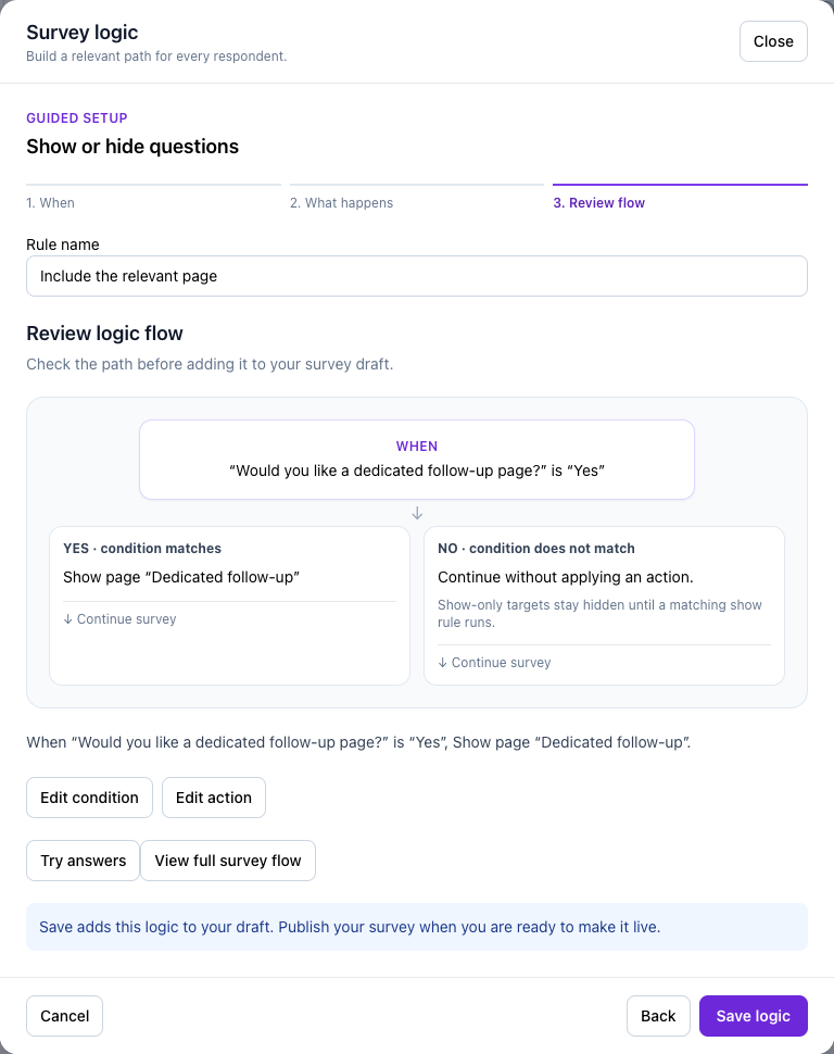The final flow review for show a follow-up page, before Save logic.