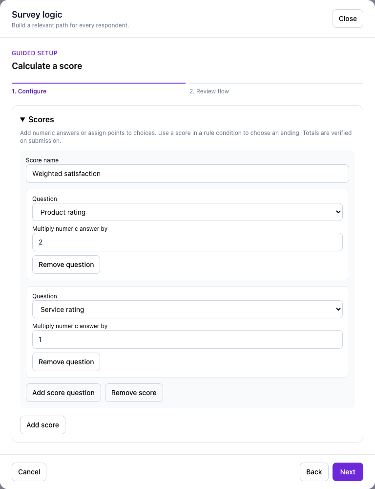 Configure weighted numeric score using the values in this tutorial.