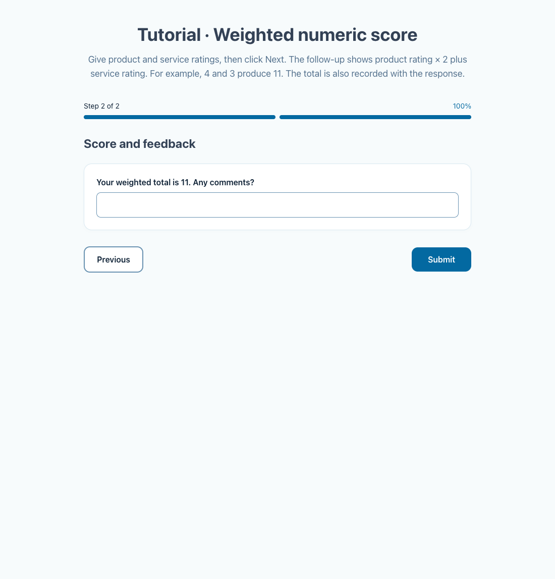 Product rating 4 × 2 plus service rating 3 × 1 gives the displayed total of 11.